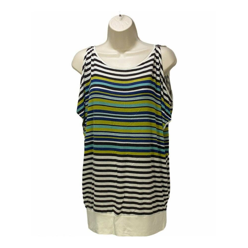 Cynthia Rowley Womens Tunic Top Size Medium Cold Shoulder Striped Banded Hem
